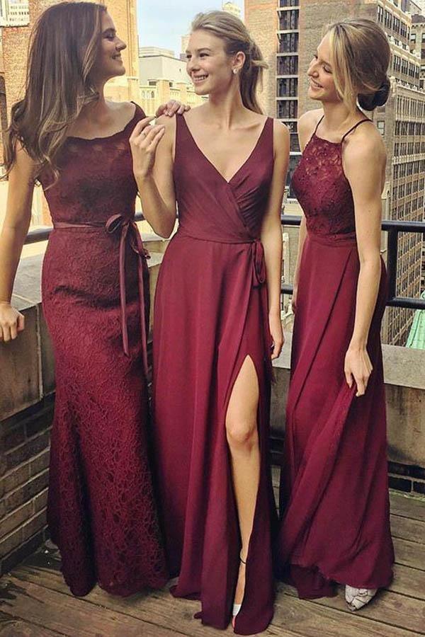 V-Neck Floor-Length Grape Chiffon Bridesmaid Dress wtih Split BD036 - Pgmdress