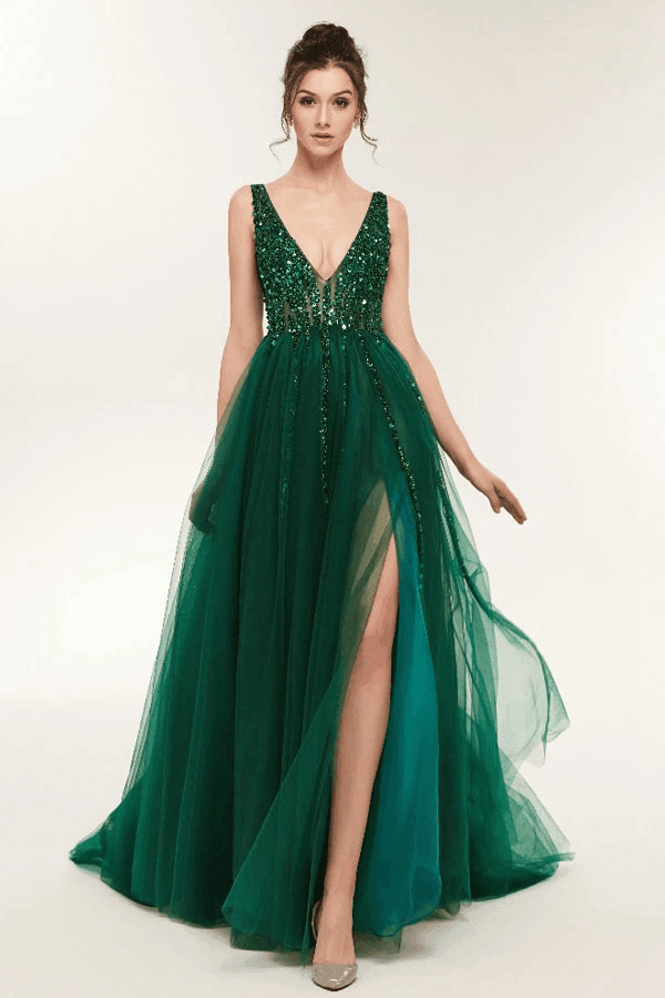 V Neck Open Back Tulle Green Long Prom Dress With Sequins PSK104 US2 / Custom Color V Neck Open Back Tulle Green Long Prom Dress With Sequins PSK104 US2 / Custom Color
