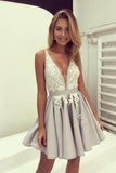 V-cou Gris Homecoming Dreses Robes De Bal Courtes Avec Dentelle Applique PG175