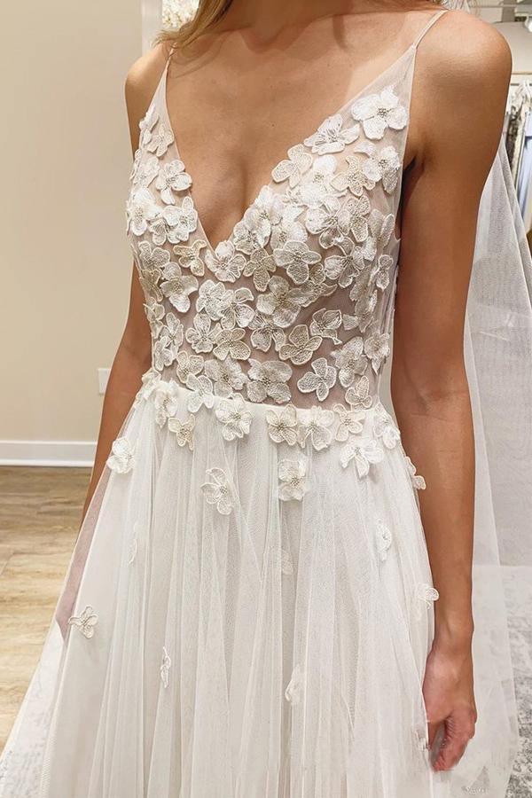V Neck Ivory Vivid Flowers Wedding Dresses With with Unlined Bodice WD476 - Pgmdress