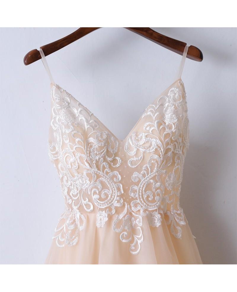 V Neck Lace Tulle Long Prom/Evening Dress With Spaghetti Straps PG597 - Pgmdress