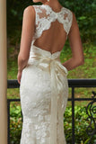 V-Neck Lace Zipper-Up Sheath Sweep Train Wedding Dress WD135 - Pgmdress