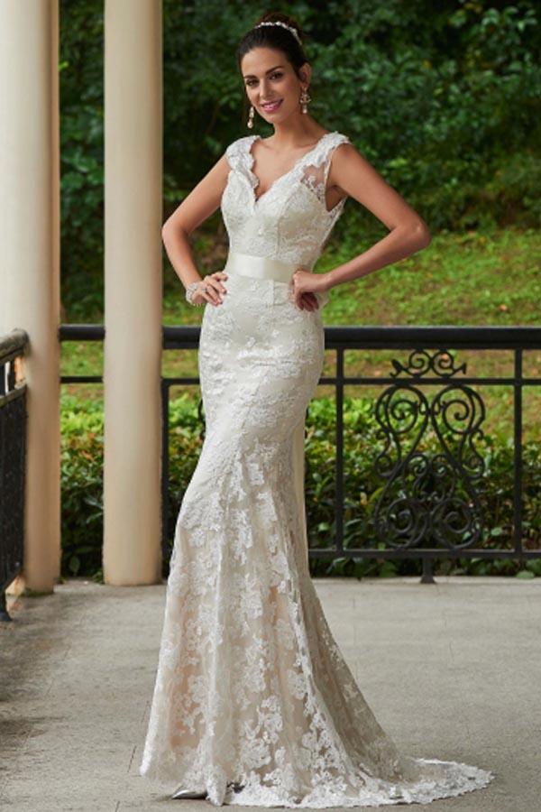 V-Neck Lace Open Back Sheath Sweep Train Wedding Dress WD135 US8 / White V-Neck Lace Open Back Sheath Sweep Train Wedding Dress WD135 US8 / White