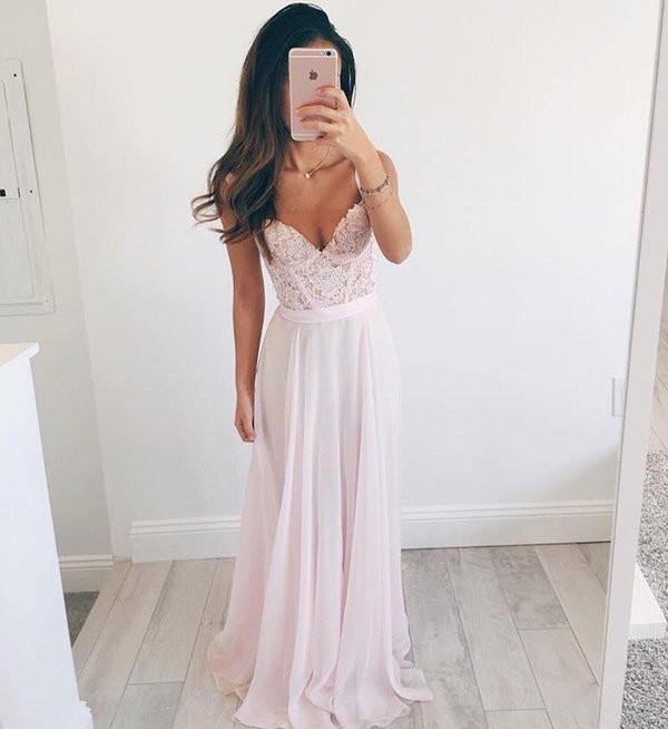 V-neck Long Chiffon Baby Pink Long Prom Dress Evening Dress PG296 - Pgmdress