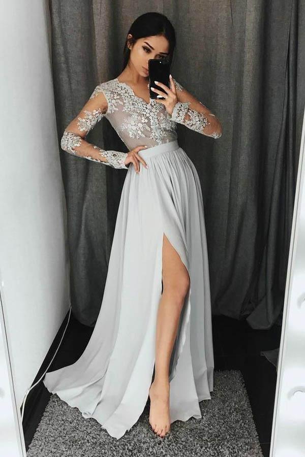V-Neck Long Sleeves Light Grey Prom Dress with Appliques PG435 US10 / Custom Color V-Neck Long Sleeves Light Grey Prom Dress with Appliques PG435 US10 / Custom Color