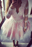 V-Neck Long Sleeves Short Pink Tulle Homecoming Dress with Appliques PG160 - Pgmdress