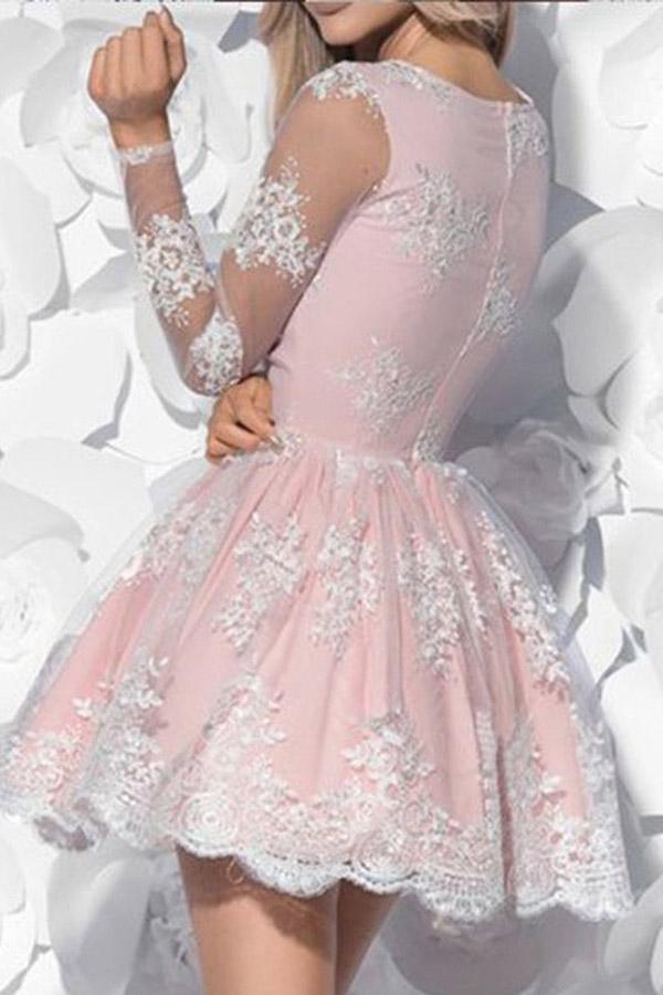 V-Neck Long Sleeves Short Pink Tulle Homecoming Dress with Appliques PG160 - Pgmdress