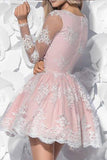 V-Neck Long Sleeves Short Pink Tulle Homecoming Dress with Appliques PG160 - Pgmdress