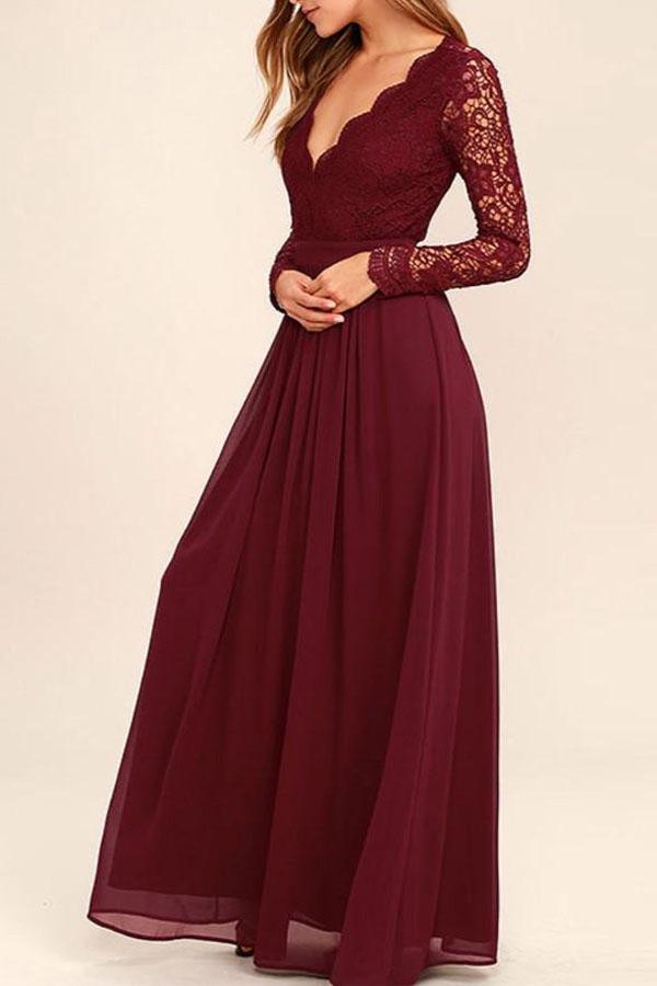 open lace back dress V-Neck Long Sleevs Dark Burgundy Prom Dress Evening Dress PG409 US4 / Burgundy