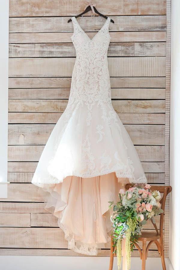 Mermaid V Neck Ivory Lace Appliques Wedding Dress with Train WD113 US8 / Ivory/Champagne