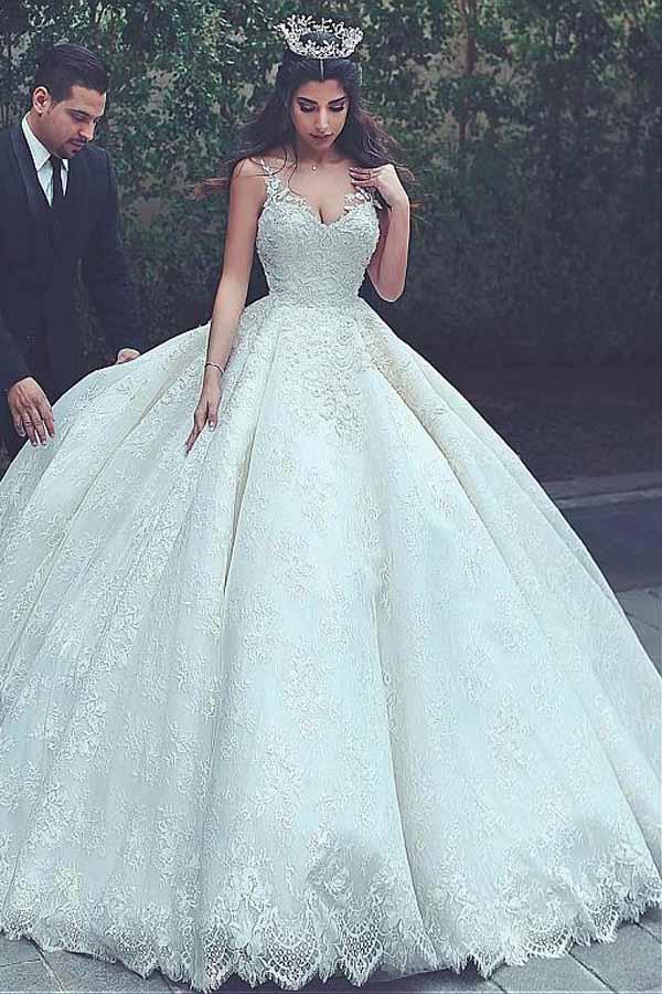 V-Neck Neckline Ball Gown Wedding Dress with Lace Appliques WD187 US16 / Ivory