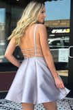 V Neck Silver Satin Homecoming Dresses Sexy Backless Short Prom Dress PD268 - Pgmdress