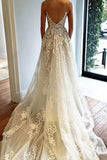 V Neck Spaghetti Straps Appliques Court Train Tulle Wedding Dress WD165 - Pgmdress