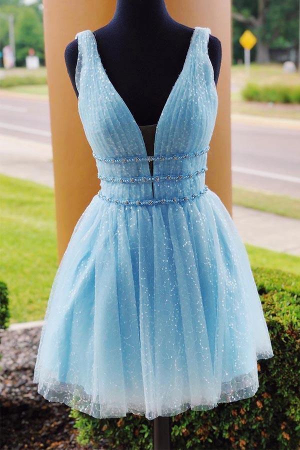 Short Light Blue Prom Dresses V-Neck Sparkling Beading Sky Blue