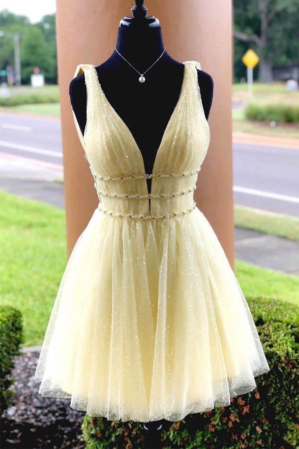 V-Neck Sparkling Beading Sky Blue Short Prom Dress Homecoming Dress Custom Size / Yellow V-Neck Sparkling Beading Sky Blue Short Prom Dress Homecoming Dress Custom Size / Yellow
