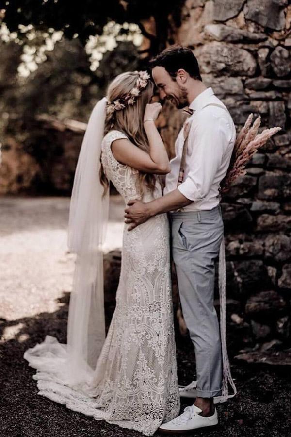 Vintage Lace Rustic Wedding Dresses Cap Sleeve Boho Wedding Gowns WD548 - Pgmdress