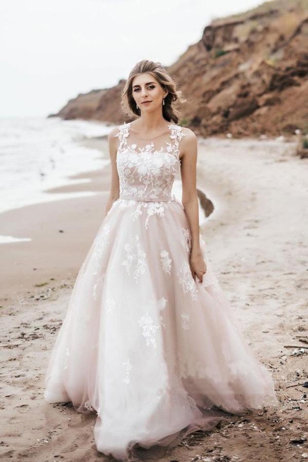 Vintage Lace Scoop Neckline A Line Tulle Wedding Bridal Dress WD531 - Pgmdress