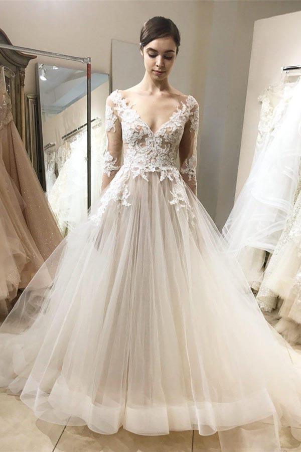 A-Line Bateau Floor Length Chiffon Wedding Dress with Long Sleeves US14 / Ivory