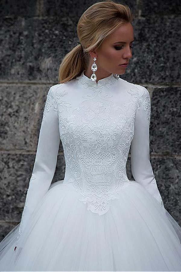 Vintage Satin High Collar Natural Waistline Ball Gown Wedding Dress WD190 - Pgmdress
