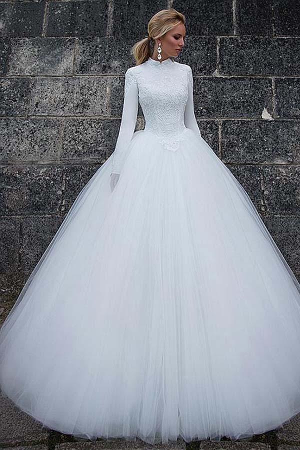 Vintage Satin High Collar Natural Waistline Ball Gown Wedding Dress WD190 - Pgmdress