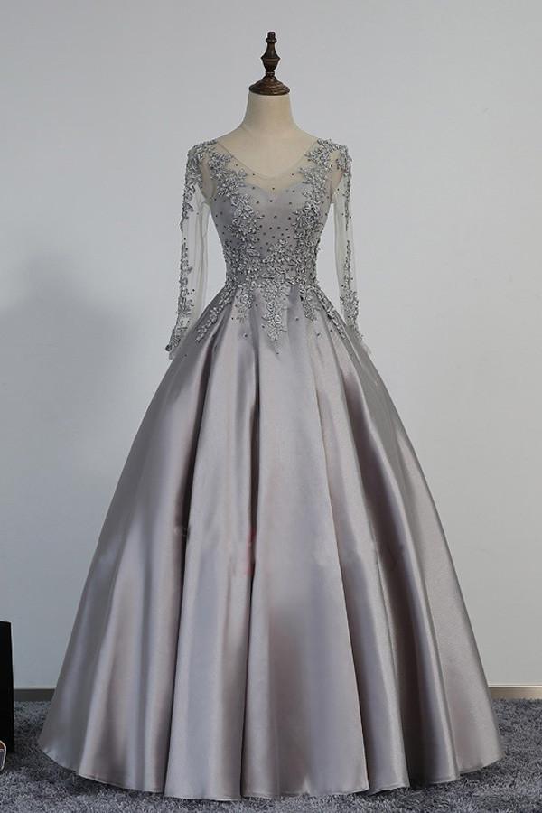 Vintage V-Neck Long Sleeves Appliques Silver Prom Dress PG364 US16 / Silver