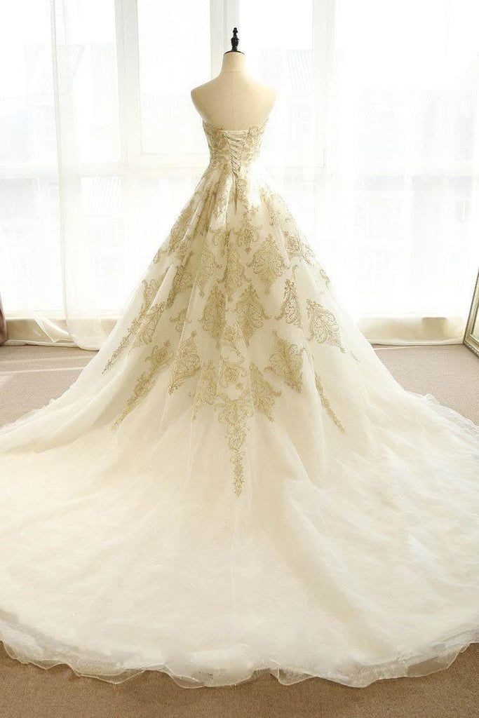 Wedding Dresses Ivory Gold Appliques Sweep/Brush Train Bridal Gown WD430 - Pgmdress