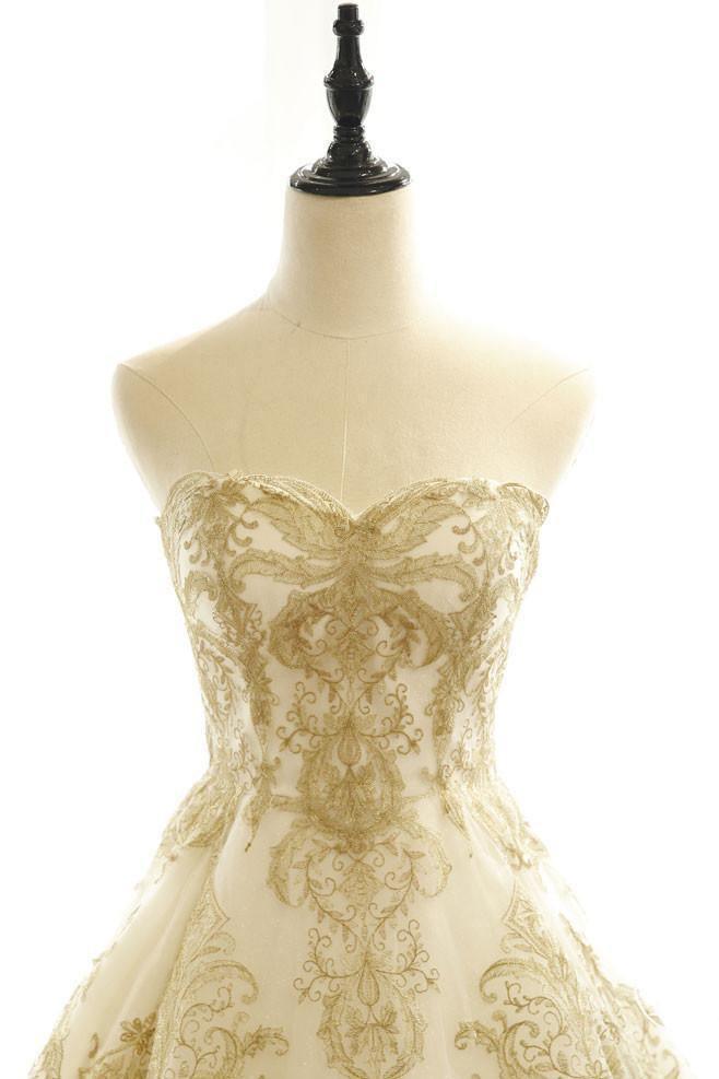 Wedding Dresses Ivory Gold Appliques Sweep/Brush Train Bridal Gown WD430 - Pgmdress