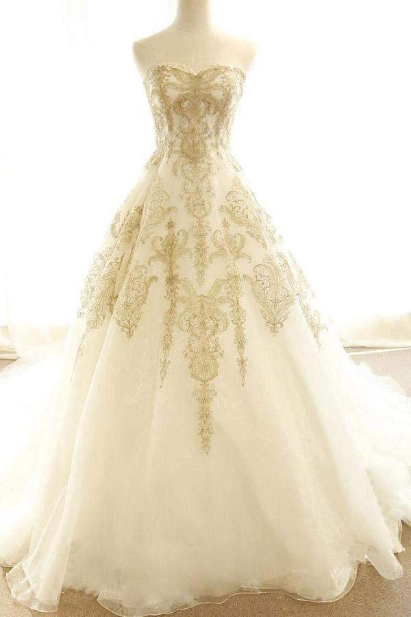 Ivory Wedding Dress Gold Appliques Sweep Train Bridal Gown WD430 US14 / Ivory/Gold Ivory Wedding Dress Gold Appliques Sweep Train Bridal Gown WD430 US14 / Ivory/Gold