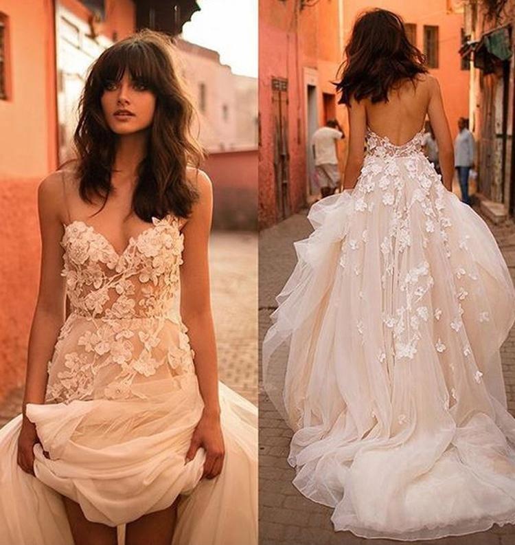 Wedding Dresses Straps A-line Backless Brush Train Tulle Long Bridal Gown WD426 - Pgmdress