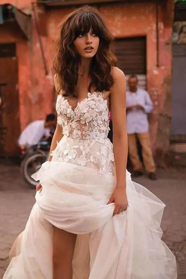 Wedding Dresses Straps A-line Backless Brush Train Tulle Long Bridal Gown WD426 - Pgmdress