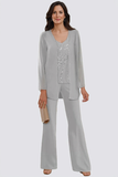 3-Piece Chiffon V-Neck Mother of the Bride Pant Suits with Beading-Pgmdress