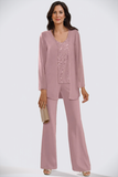 3-Piece Chiffon V-Neck Mother of the Bride Pant Suits with Beading-Pgmdress
