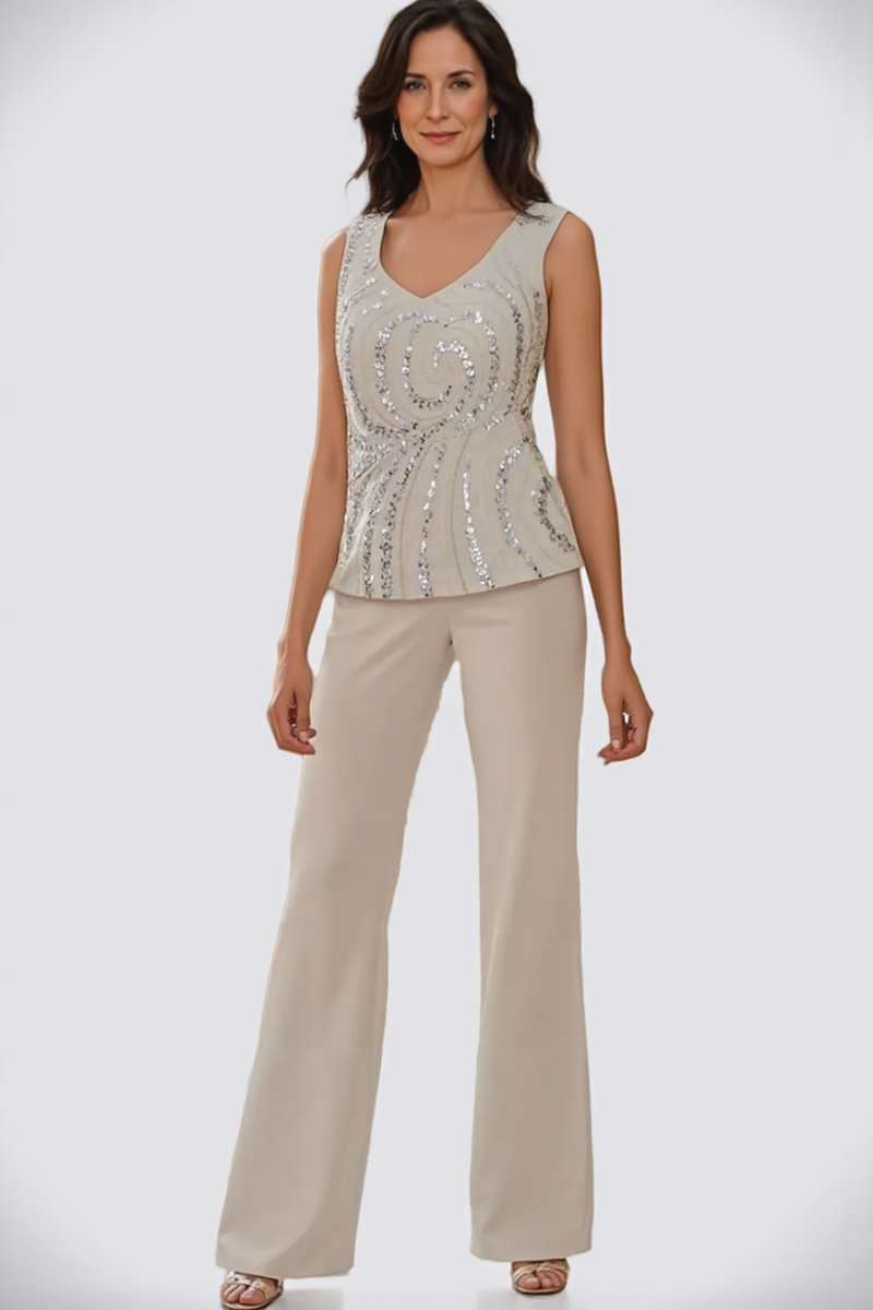 3-Piece Chiffon V-Neck Mother of the Bride Pant Suits with Beading-Pgmdress
