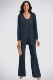 3-Piece Chiffon V-Neck Mother of the Bride Pant Suits with Beading-Pgmdress