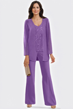3-Piece Chiffon V-Neck Mother of the Bride Pant Suits with Beading-Pgmdress