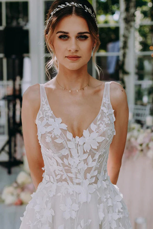 3D Floral Lace V Neck Floor Length Bohemian Wedding Dress WD662 – Pgmdress