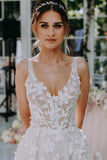 3D Floral Lace V Neck Floor Length Bohemian Wedding Dress WD662-Pgmdress