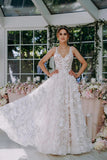 3D Floral Lace V Neck Floor Length Bohemian Wedding Dress WD662-Pgmdress