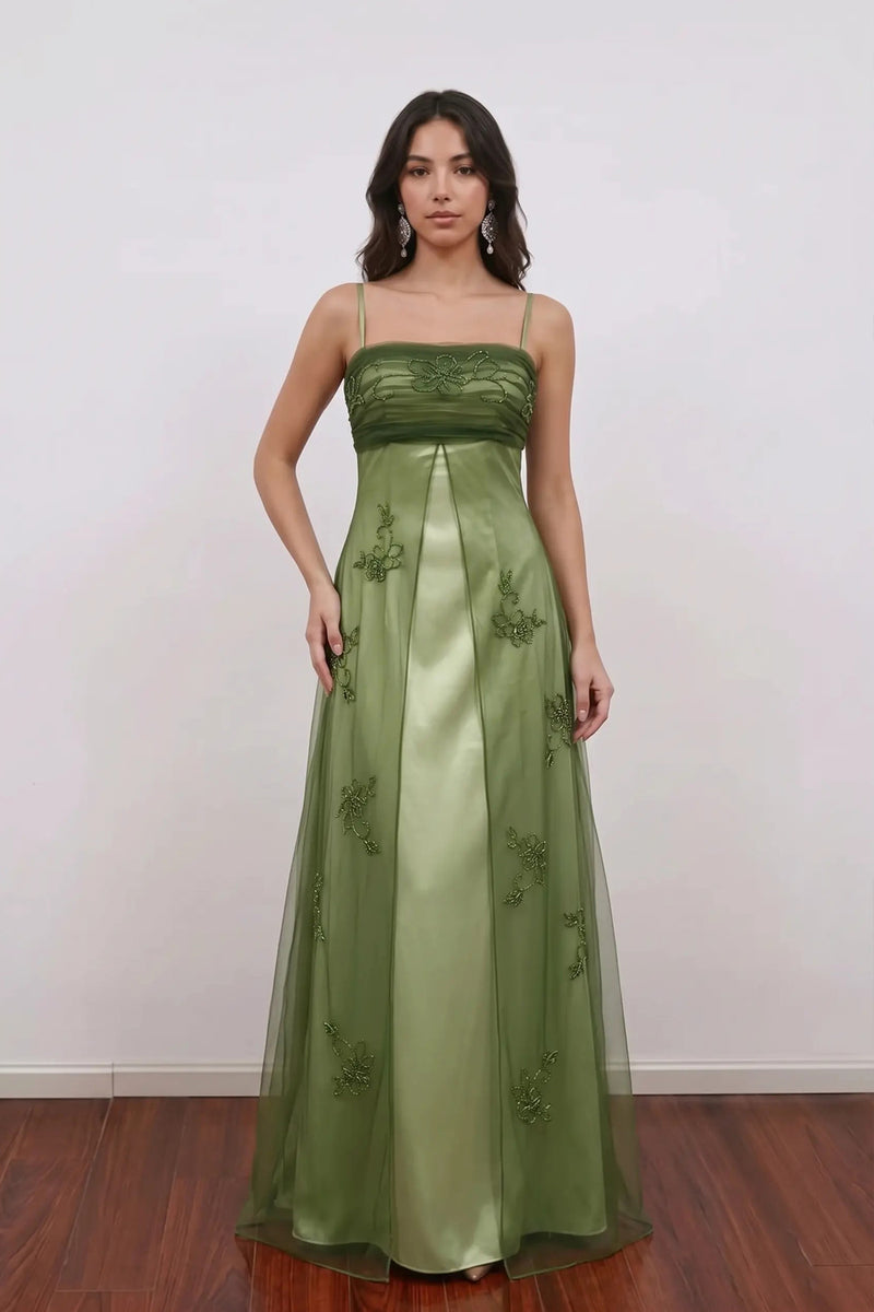 90S Handmade Beaded Vintage Olive Green Prom Dress Party Dress-Pgmdress