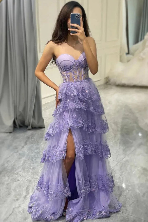 A-Line Appliques Sweetheart Layered Lilac Prom Dress with Slit PSK643-Pgmdress