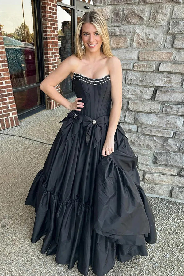 A-Line Beaded Strapless Corset Black Prom Dress with Bows PSK572 Pgmdress A-Line Beaded Strapless Corset Black Prom Dress with Bows PSK572 Pgmdress