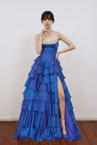 A-Line Beading Sweetheart Strapless Empire Tiered Long Prom Dress-Pgmdress