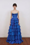 A-Line Beading Sweetheart Strapless Empire Tiered Long Prom Dress-Pgmdress