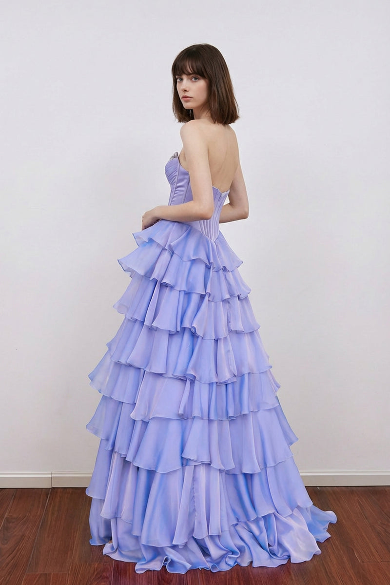 A-Line Beading Sweetheart Strapless Empire Tiered Long Prom Dress-Pgmdress