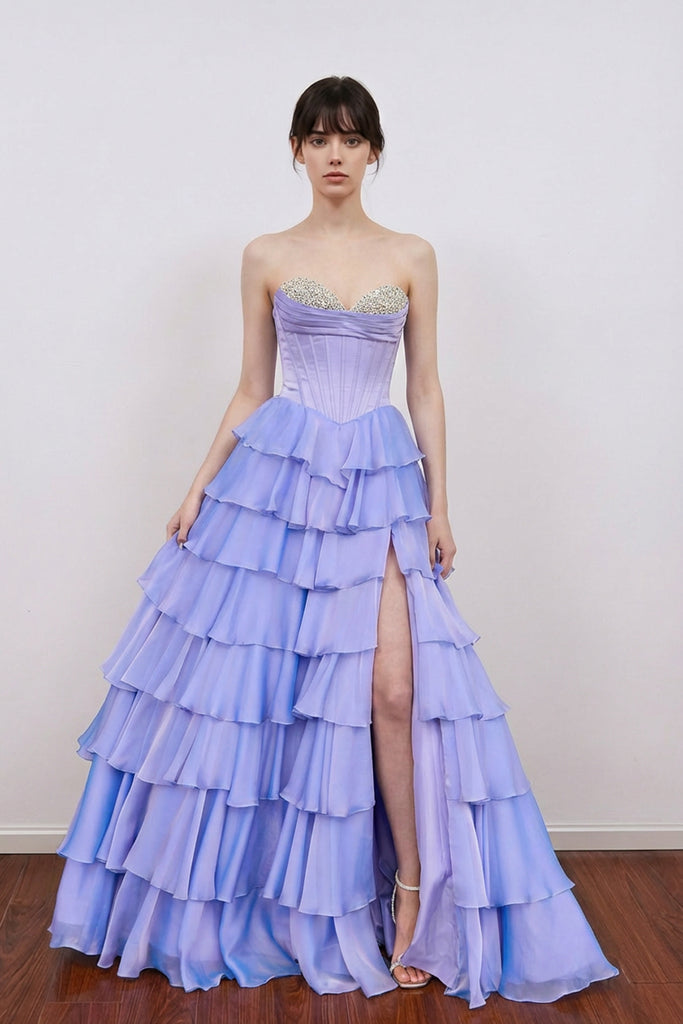 A-Line Beading Sweetheart Strapless Empire Tiered Long Prom Dress US4 / White A-Line Beading Sweetheart Strapless Empire Tiered Long Prom Dress US4 / White