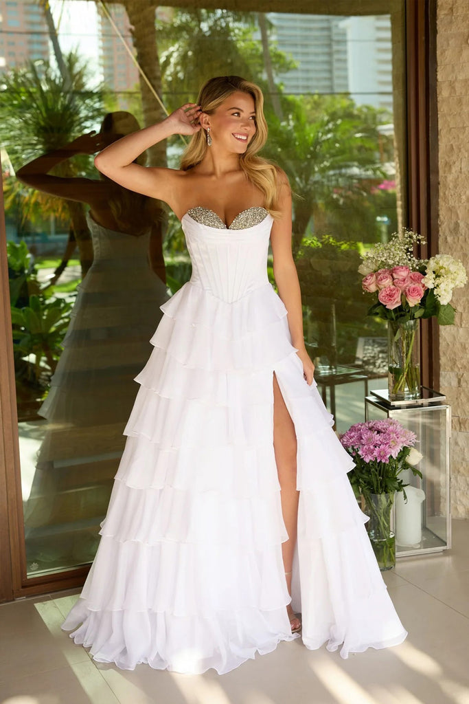 A-Line Beading Sweetheart Strapless Empire Tiered Long Prom Dress US4 / White A-Line Beading Sweetheart Strapless Empire Tiered Long Prom Dress US4 / White
