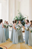 A-Line Floor Length Light Blue Long Bridesmaid Dress With Ruffles BD116