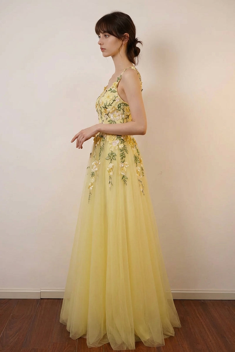 A-Line Flower Embroidery Light Yellow Prom Dress Formal Gown-Pgmdress