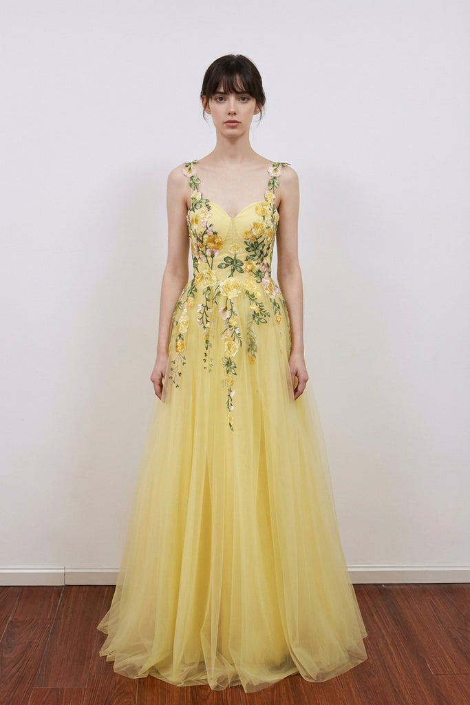 A-Line Flower Embroidery Light Yellow Prom Dress Formal Gown US16 / Custom Color A-Line Flower Embroidery Light Yellow Prom Dress Formal Gown US16 / Custom Color