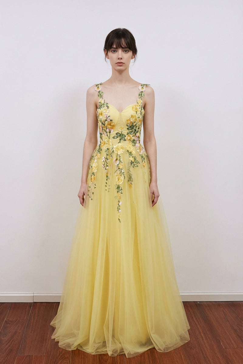 A-Line Flower Embroidery Light Yellow Prom Dress Formal Gown-Pgmdress